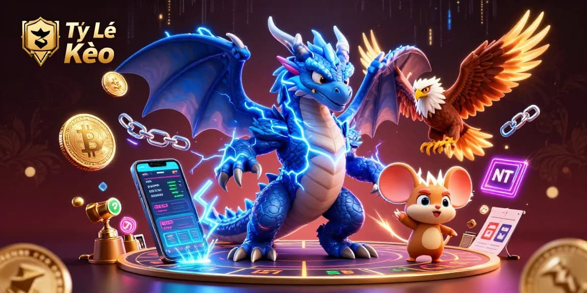 Tỷ Lệ Kèo showcases an electrifying scene featuring a thunder dragon and sports betting elements.