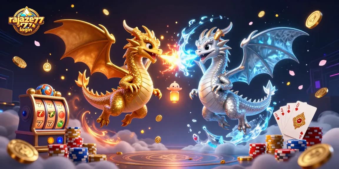 Experience thrilling action with rajazeus 777 login illustrating dragons, slot reels, and golden wins.