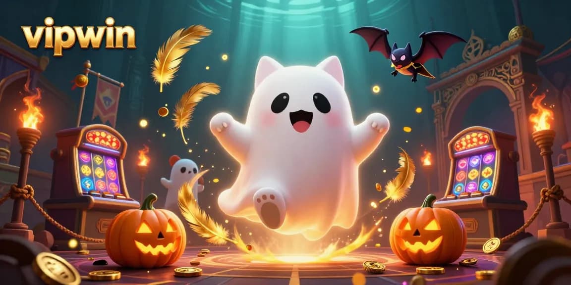 Experience immersive gaming at vipwin with glowing jack-o-lanterns and a floating ghost cat.