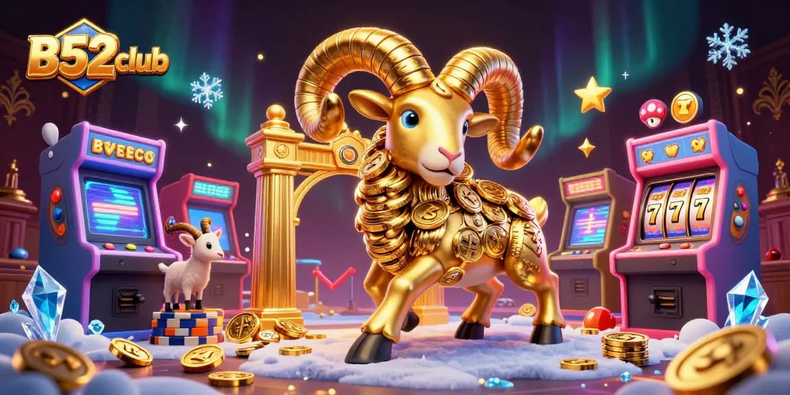 B52club showcases an exciting illustration of a golden ram charging at a casino gate, surrounded by dynamic gaming elements.