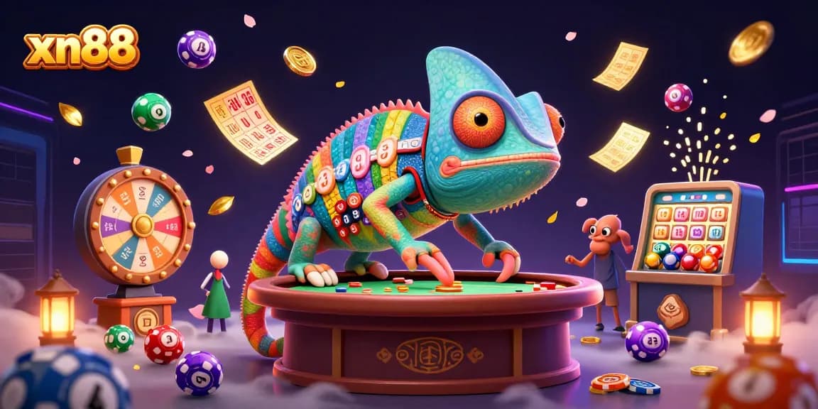Engage with xn88's vibrant casino world, featuring a chameleon owner and casino elements.