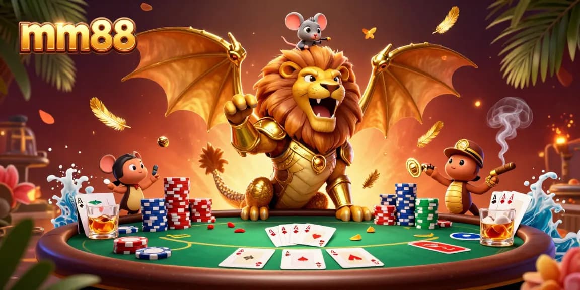 Experience thrilling mm88 poker action with a 3D chimera cheering at the table.