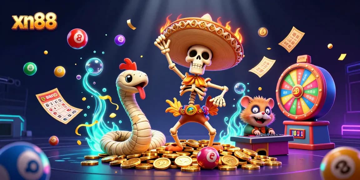 Xn88 showcases a festive casino scene with a dancing rooster and vibrant lottery elements, capturing excitement and fun.