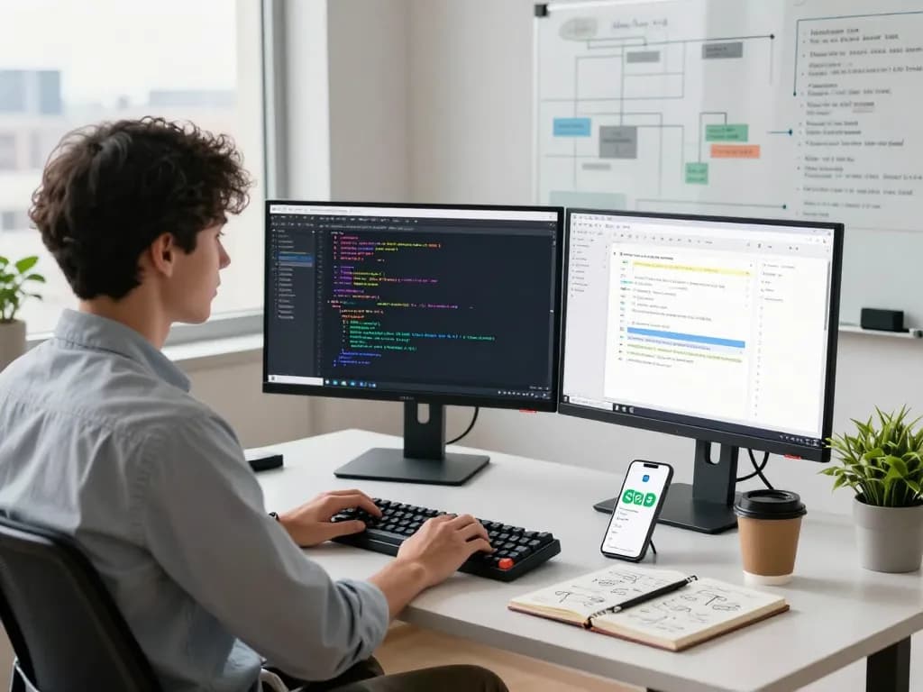 Developer using molt bot in a modern workspace with dual monitors and coding setup.