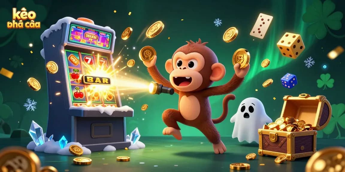 Engage with kèo nhà cái through a vibrant 3D illustration featuring a mischievous monkey, gold coins, and casino excitement.