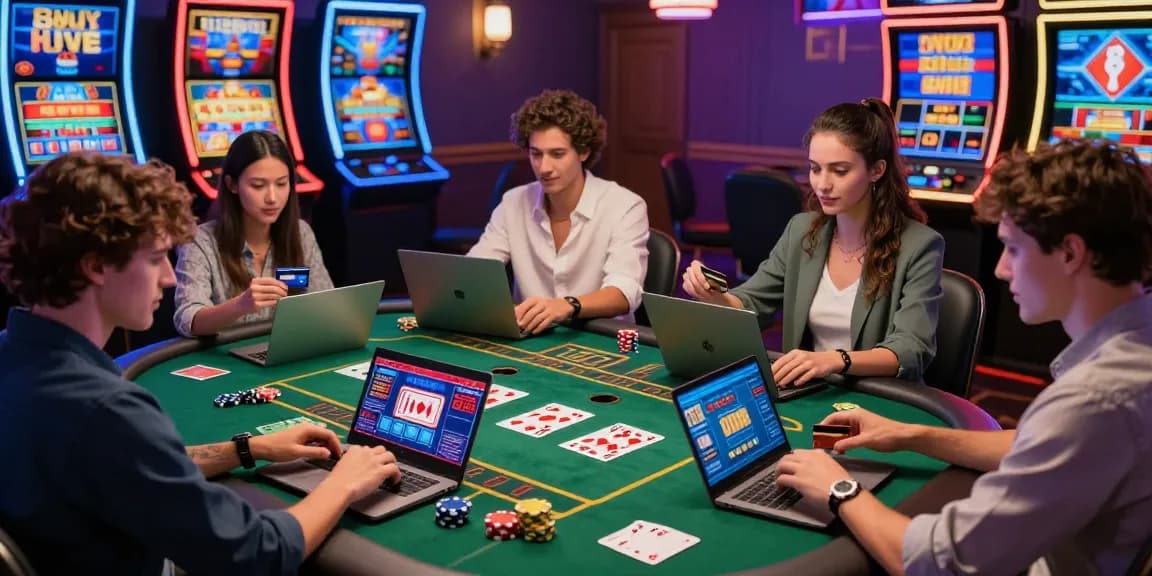 Engaged players using credit cards at vibrant online credit card casinos, showcasing a lively gaming atmosphere.