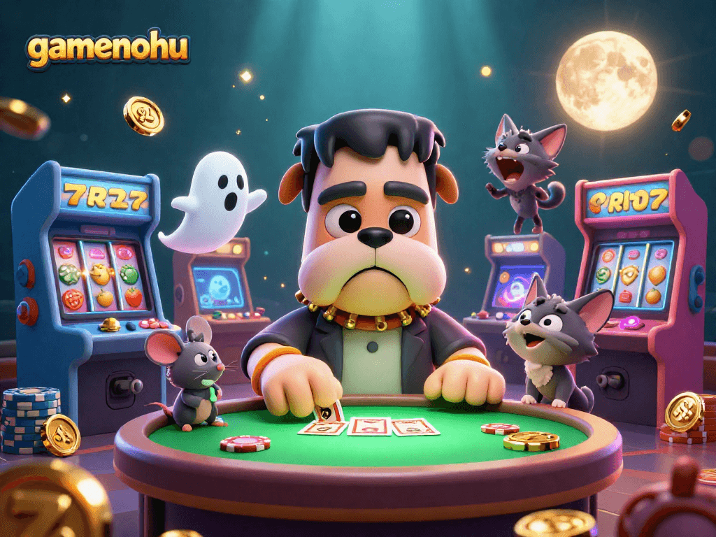Spin the reels with gamenohu in a spooky yet vibrant casino scene, featuring quirky characters and exciting game elements.