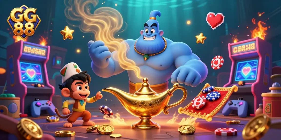 Experience exciting gaming at GG 88 with a vibrant 3D illustration featuring a genie, poker chips, and lively game elements.