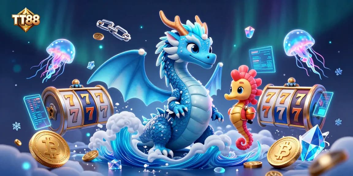 Play thrilling slots at TT88 with a dynamic scene of a dragon, seahorse knight, and neon jellyfish.