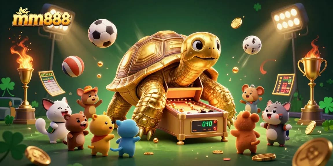 Engage in exciting gameplay at mm888, featuring a colossal golden tortoise pinball machine amidst dynamic sports betting elements.