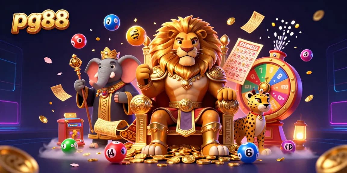 Experience thrilling lottery excitement with pg88's spectacular gaming scene showcasing a lion king, elephant advisor, and cheetah messenger.