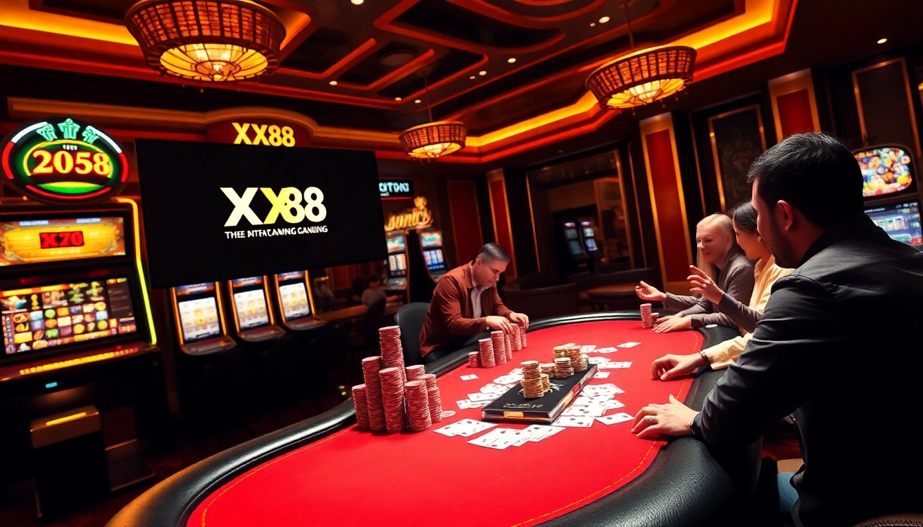Experience the thrill of online gambling with XX88's vibrant casino atmosphere filled with poker and slot action.