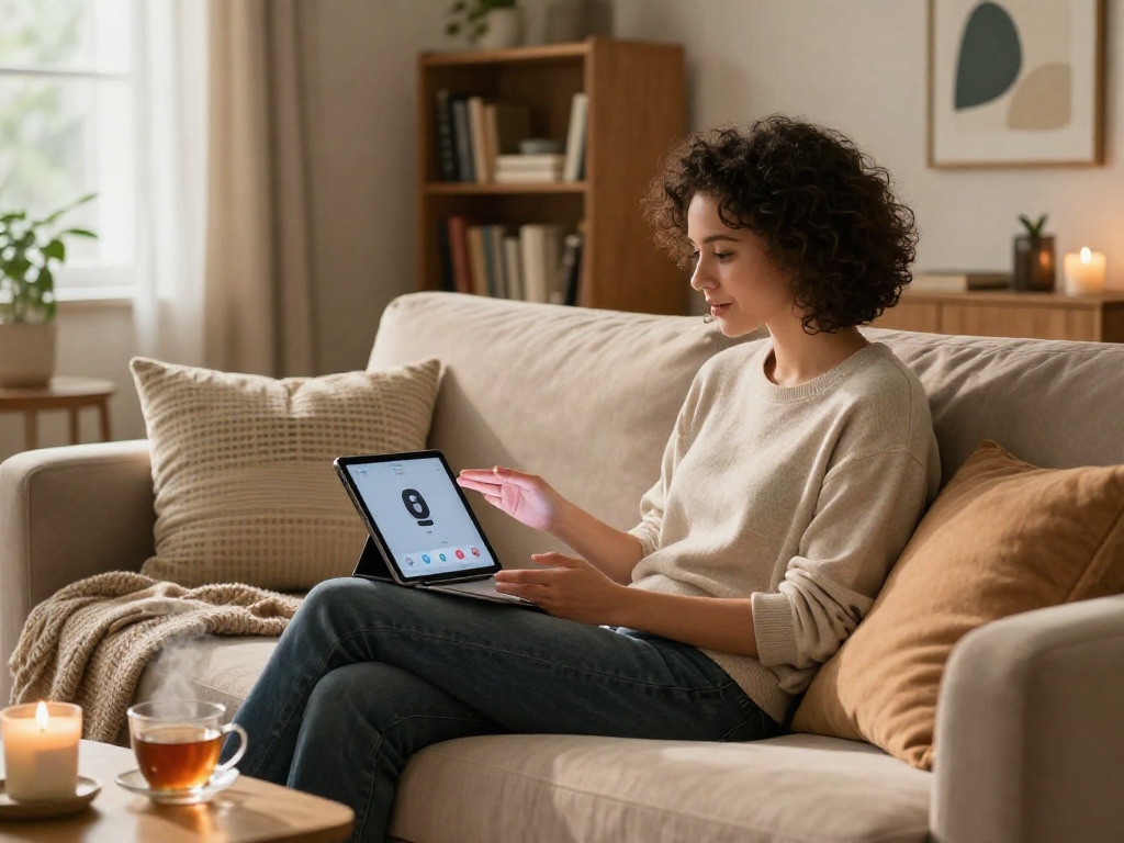 Engaging in ai chat porn on a tablet in a cozy living room.