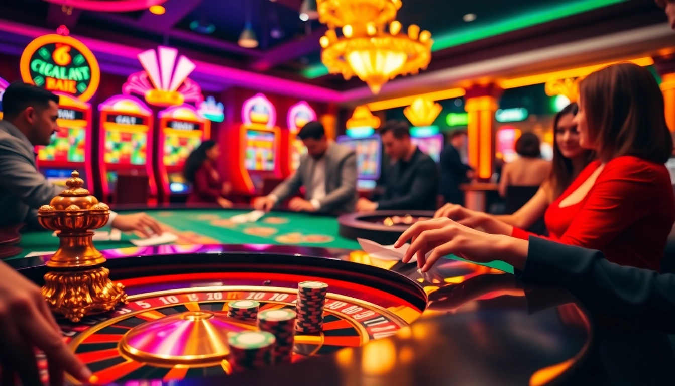 Engaging casino atmosphere at https://tg881.net/ with players at a roulette table and slot machines.