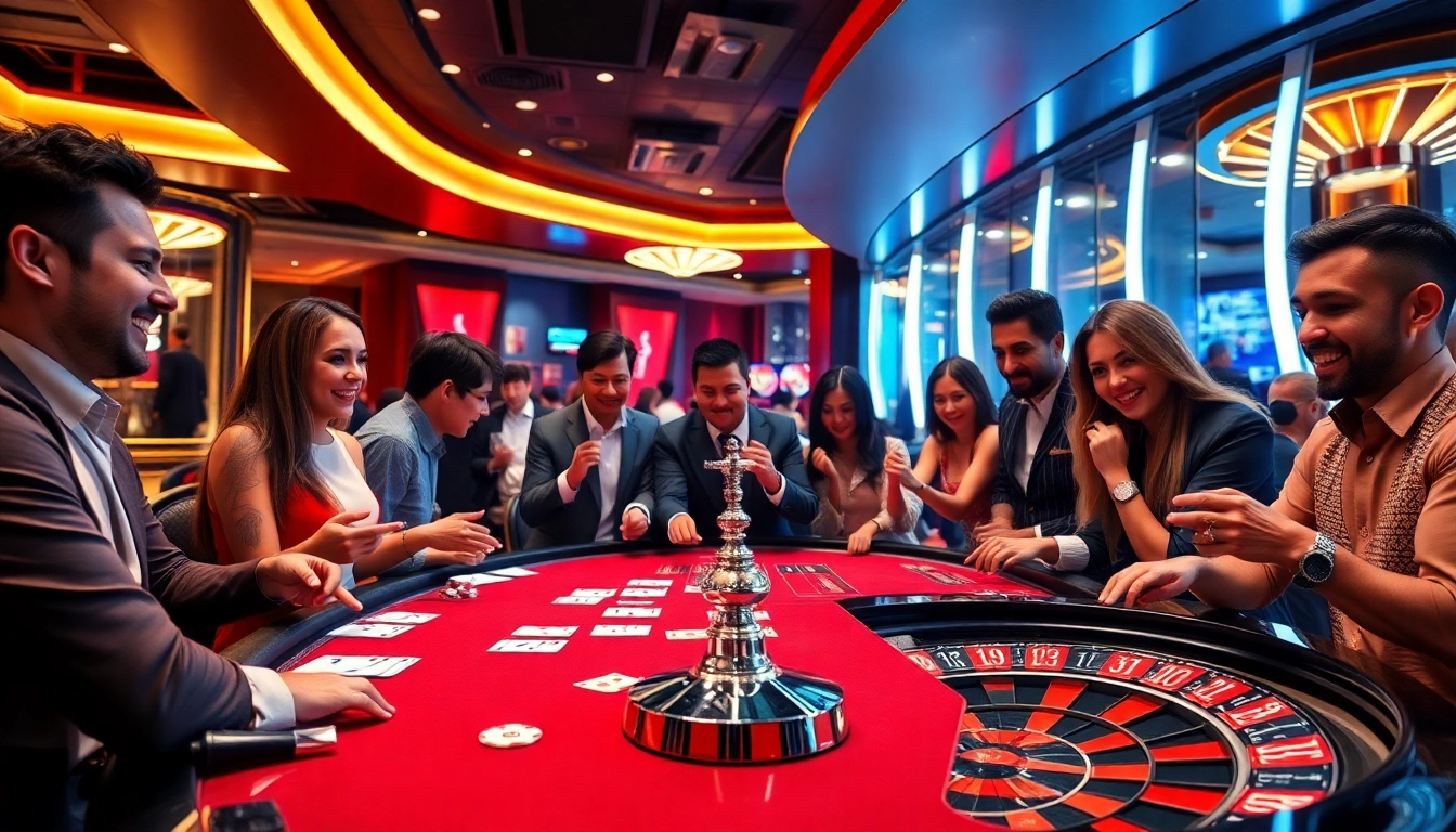 ONE88 gaming scene with enthusiastic players at a luxurious casino table, showcasing poker chips and cards.