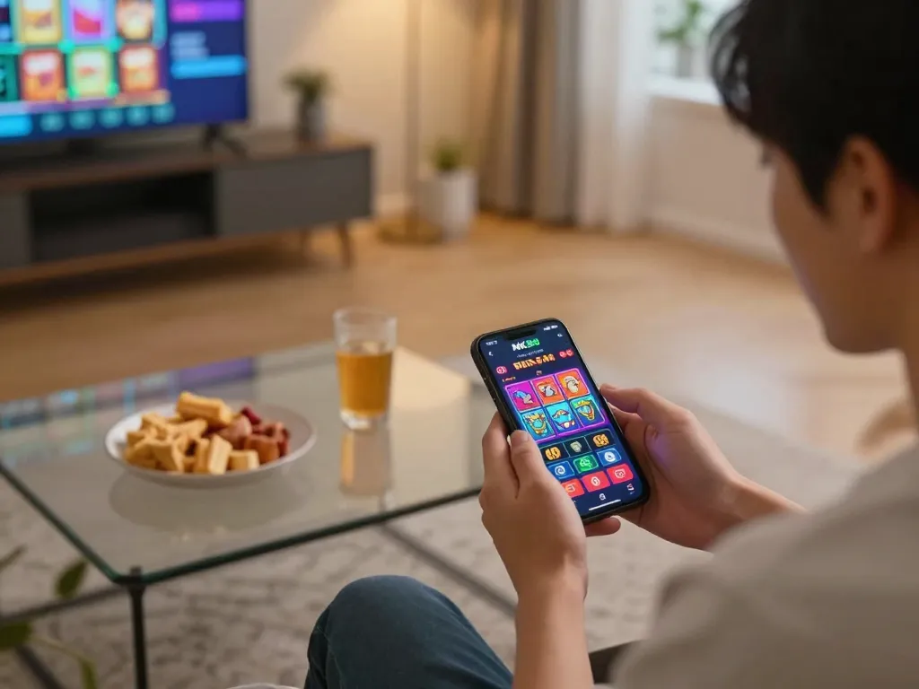 Player enjoying NK88 mobile app while relaxing at home, highlighting online gaming experience