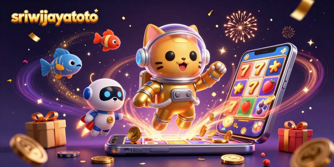Sriwijayatoto showcases a vibrant casino scene with floating game elements, celebrating a thrilling gambling experience.