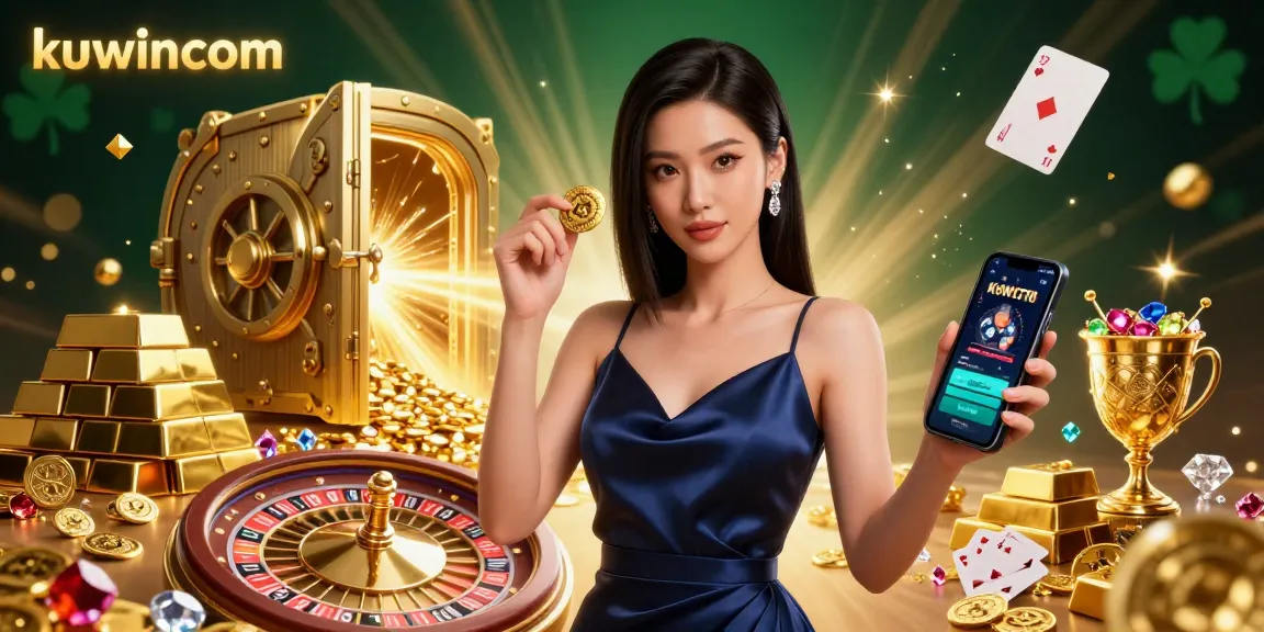 Kuwincom showcases a stunning Asian woman in a sleek navy dress engaged in online gaming amid a vibrant casino scene.