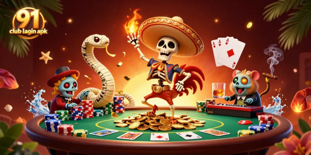 Engaging scene with 91 club login apk showcasing a festive rooster, mummy snake, and DJ hamster amid gaming elements.