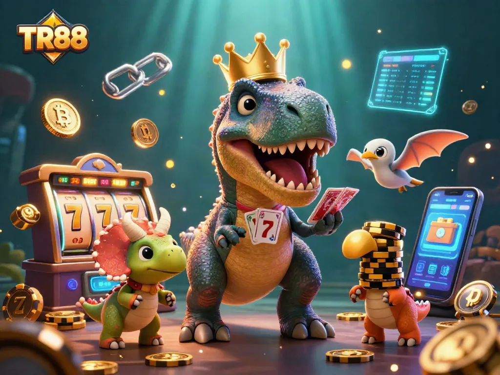 Experience the excitement of TR88's gaming scene with a T-Rex, pterodactyl, and triceratops amidst vibrant slot machines and crypto elements.