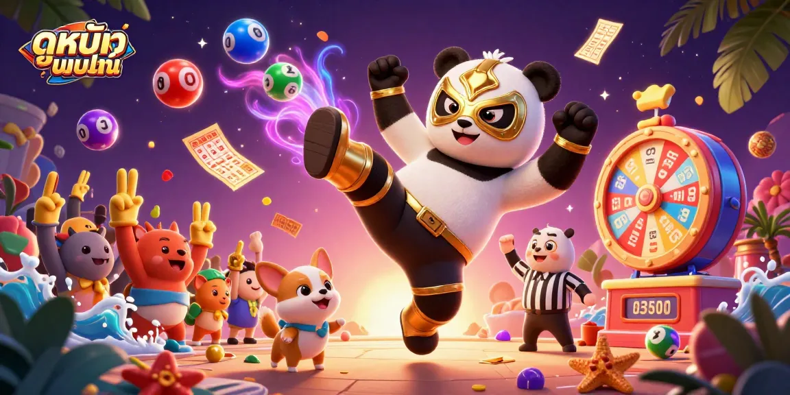 Capture thrilling moments with ดูหนังออนไลน์ as the panda wrestler kicks, surrounded by dynamic gambling excitement.