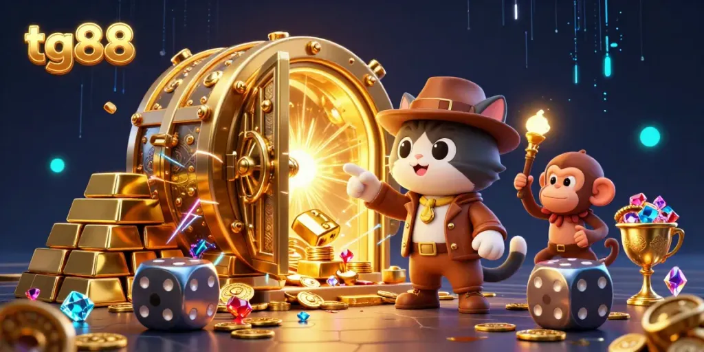 Experience the thrilling atmosphere of tg88 as a cartoon explorer cat uncovers a golden casino artifact amidst ancient traps.
