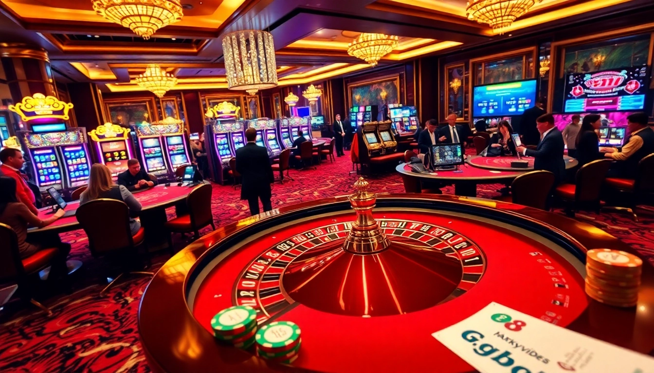 Gamble with excitement at https://gg88.video/ showcasing a vibrant casino scene filled with poker tables and slot machines.