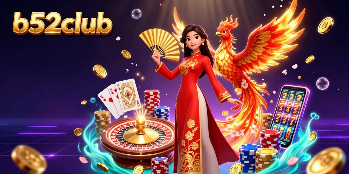 B52club presents a thrilling casino scene with a woman in ao dai, cherry blossoms, and a phoenix amidst casino games.