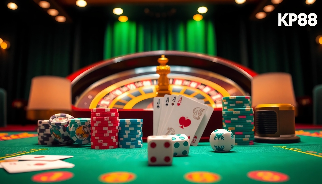 Kp88 casino table with poker cards and chips, capturing the thrill of gambling.