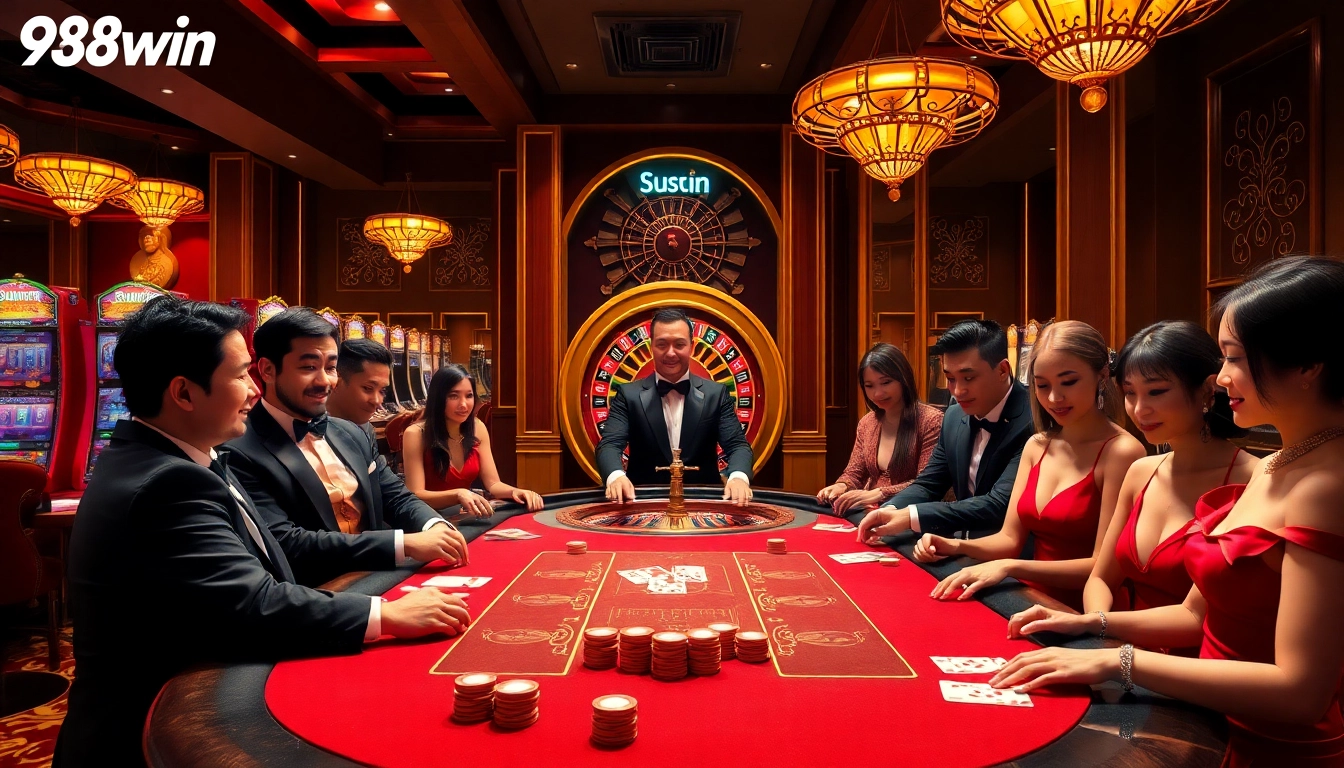 Excited players enjoying high-stakes poker and roulette at 98win casino.