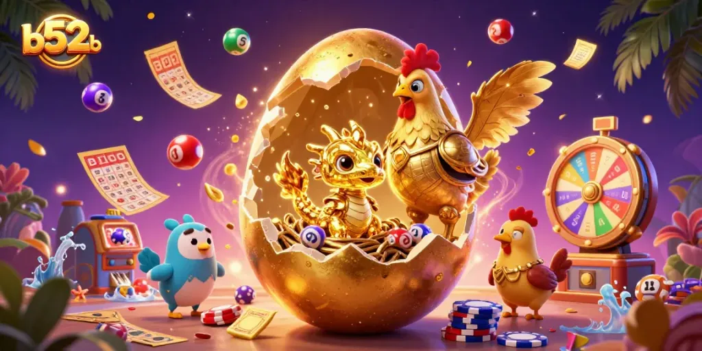 Engage with b52clubb's dynamic world through a vibrant 3D illustration of a golden baby dragon amidst casino elements.