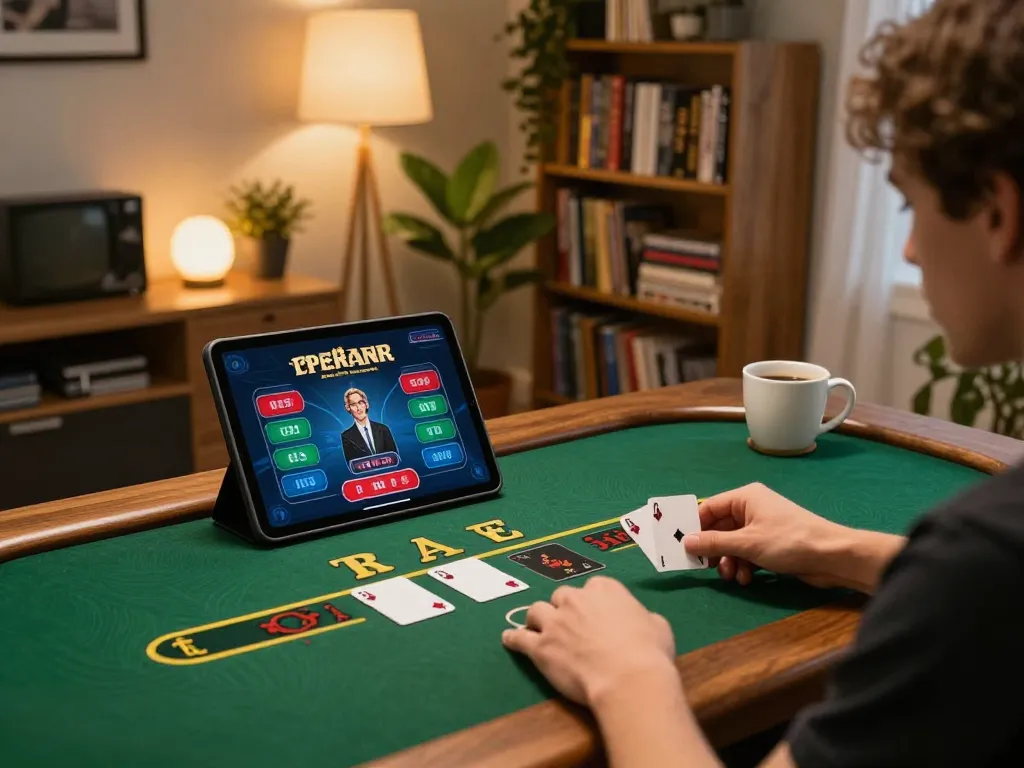 Player enjoying online blackjack at home using bong88's tablet interface, cozy setting with strategy notes.