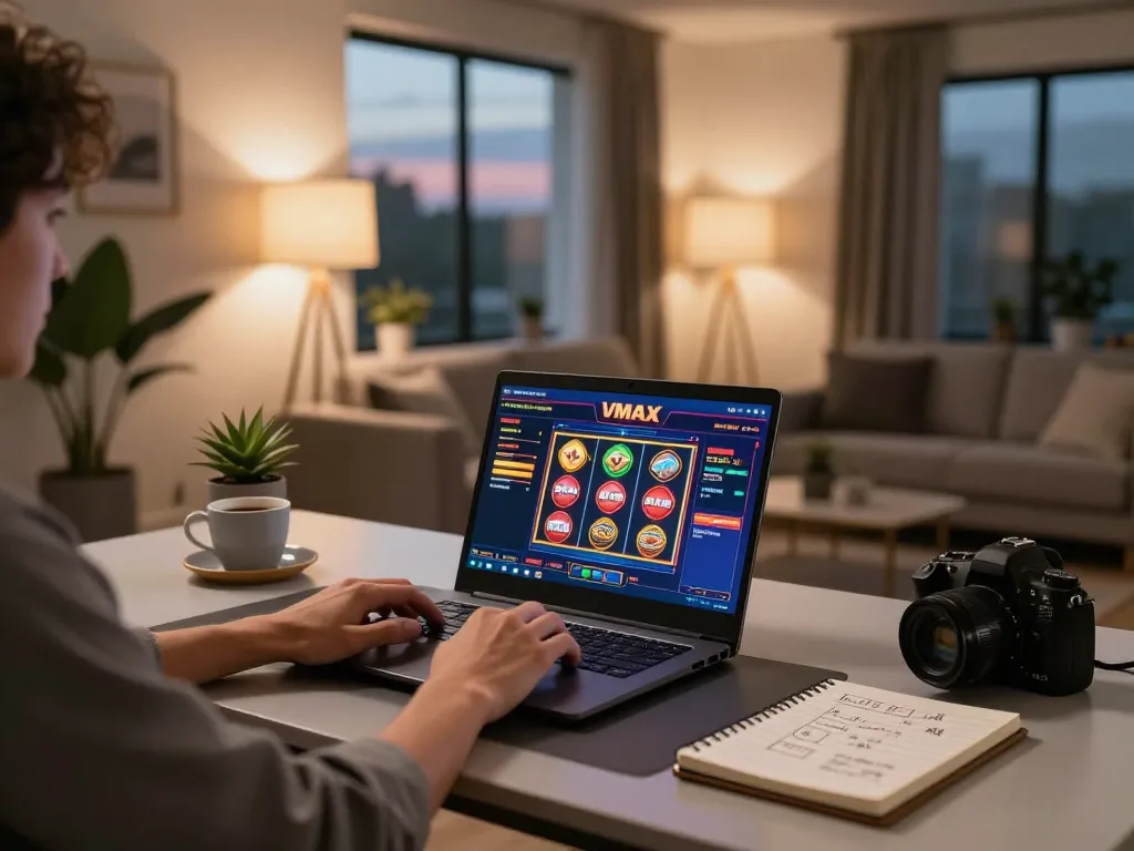 Player engaging with VMAX online casino interface on a laptop, showcasing strategic betting decisions in a cozy home setting.