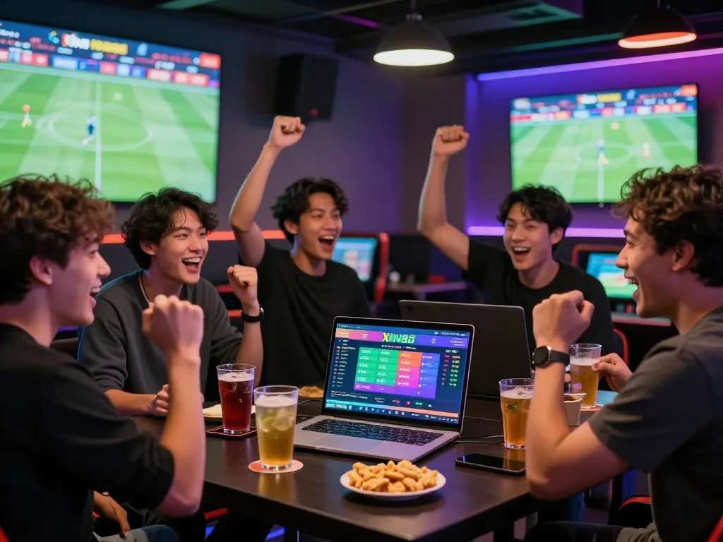 XIN88 online betting community enjoying a live sports event in a vibrant gaming lounge.