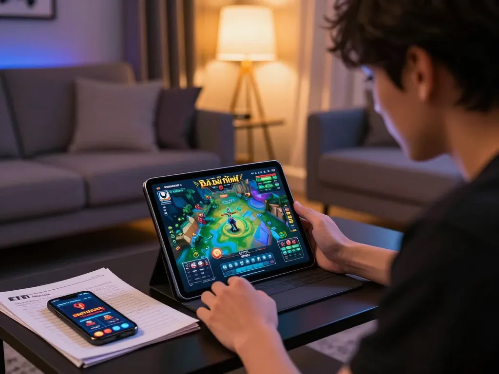 Person engaged in game bài đổi thưởng on a tablet in a cozy living room setting
