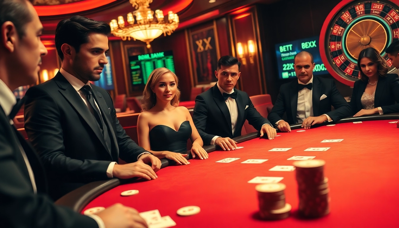 Players engaging in a high-stakes poker game at 8XX casino, surrounded by rich ambiance and excitement.