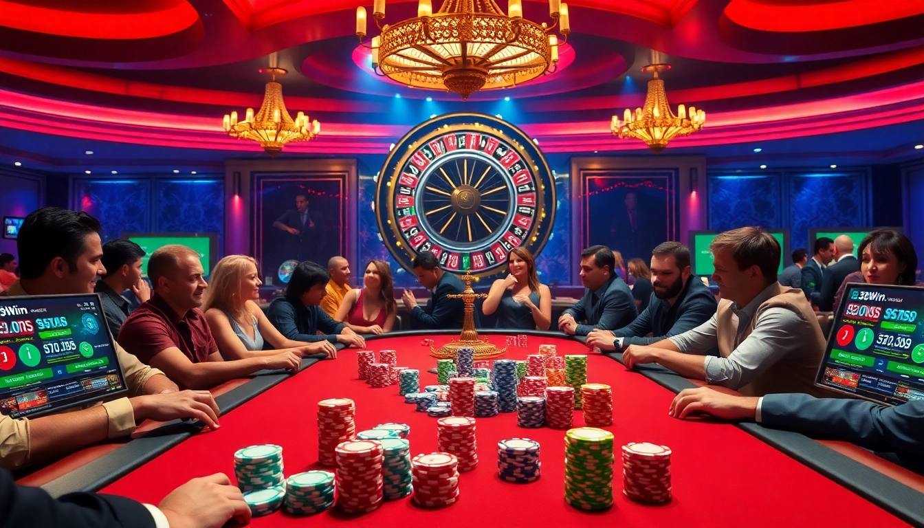 Experience thrilling gameplay at 33Win casino with vibrant poker tables and roulette wheels.