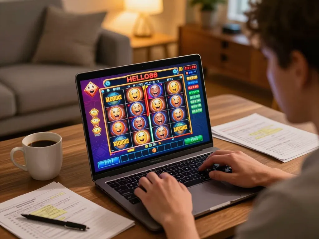 Player enjoying thrilling gameplay on HELLO88 online casino from home, showcasing laptop with winning slots.