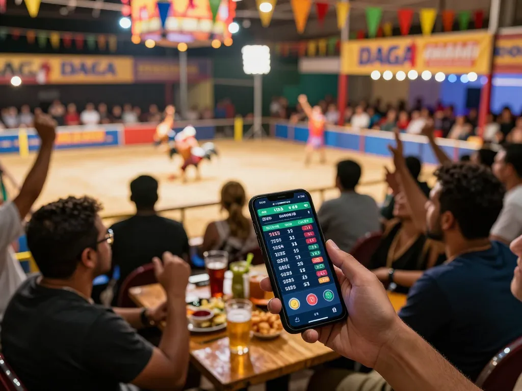 DAGAGO live cockfighting betting scene with active smartphone engagement and enthusiastic crowd.