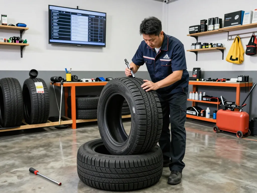 Professional technician examining the tread of a Double Coin RR99 tire in a well-lit garage environment.