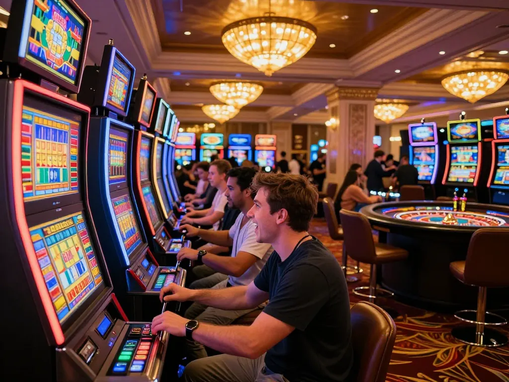Players spin the TG88 slot machine in a lively casino, showcasing vibrant colors and excitement.
