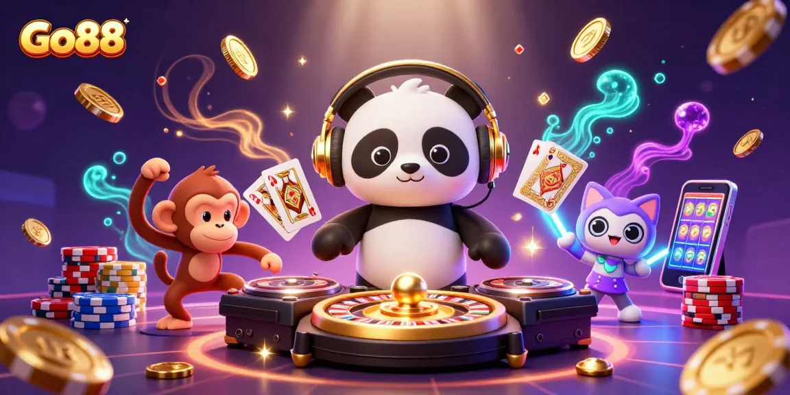 Go88 captivates gamers with 3D cartoon DJ panda spinning roulette wheels and vibrant celebration.