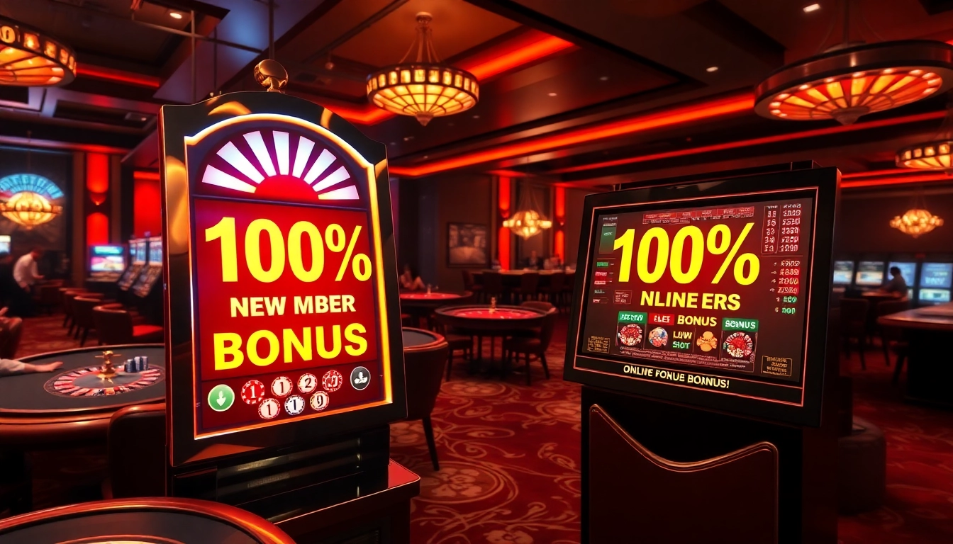 Exciting scene of a slot machine highlighting a slot bonus new member offer in a luxurious casino setting.