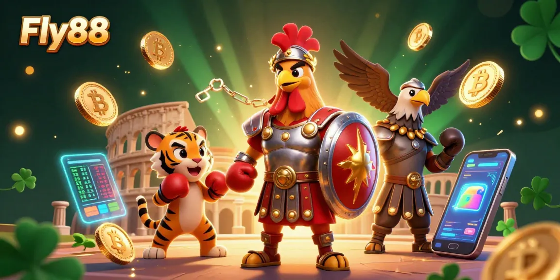 Experience thrilling wins at Fly88 with a vibrant 3D casino duel illustration featuring colorful characters and crypto elements.