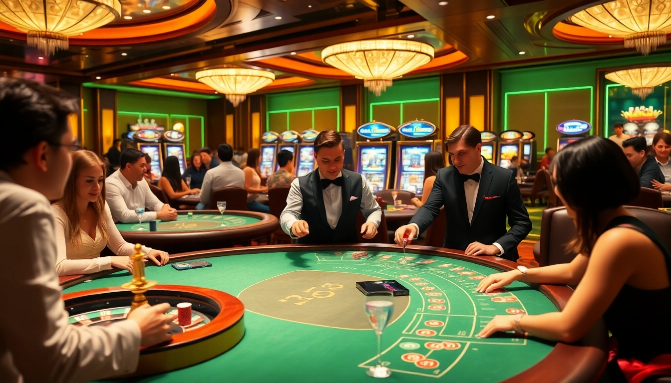 Players enjoying thrilling games at 33win’s luxurious casino, featuring vibrant tables and slot machines.