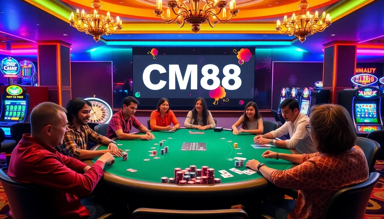 Players enjoying exhilarating poker action at CM88 casino with colorful chips and cards.