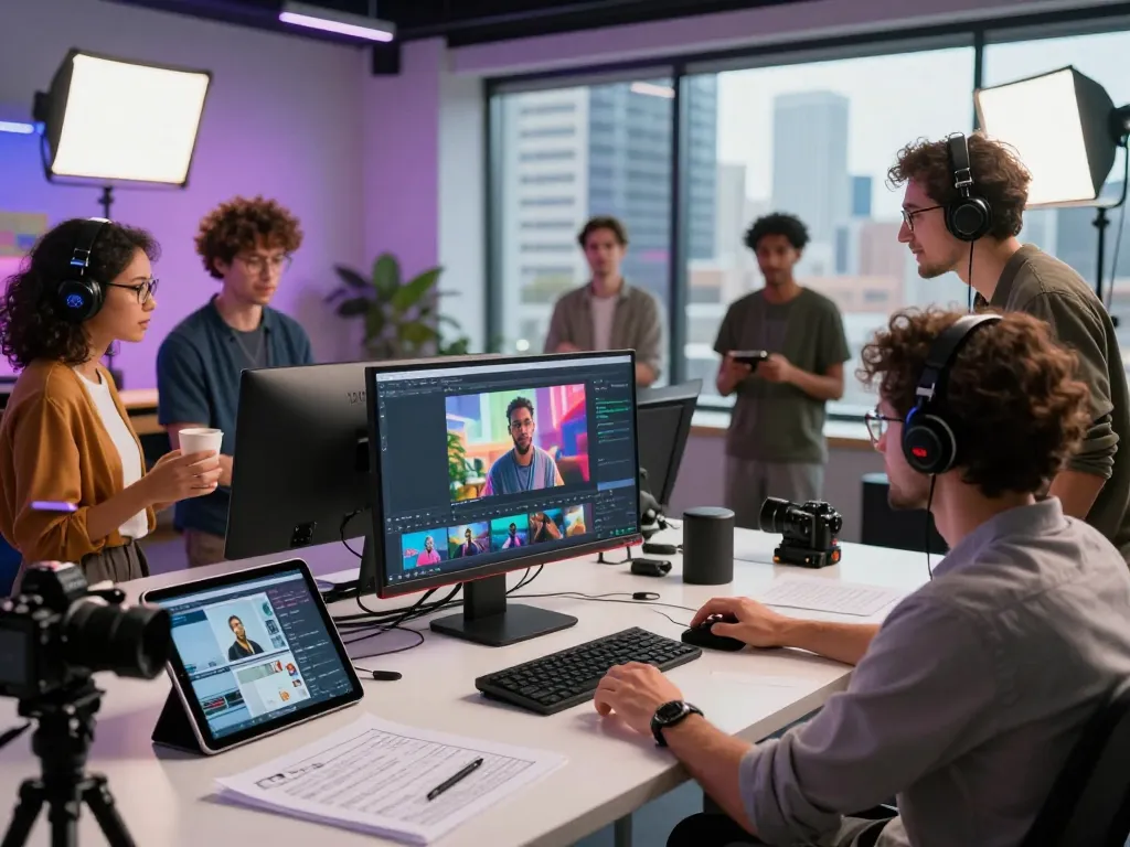 Seedance AI team in a vibrant studio creating stunning videos with advanced technology.