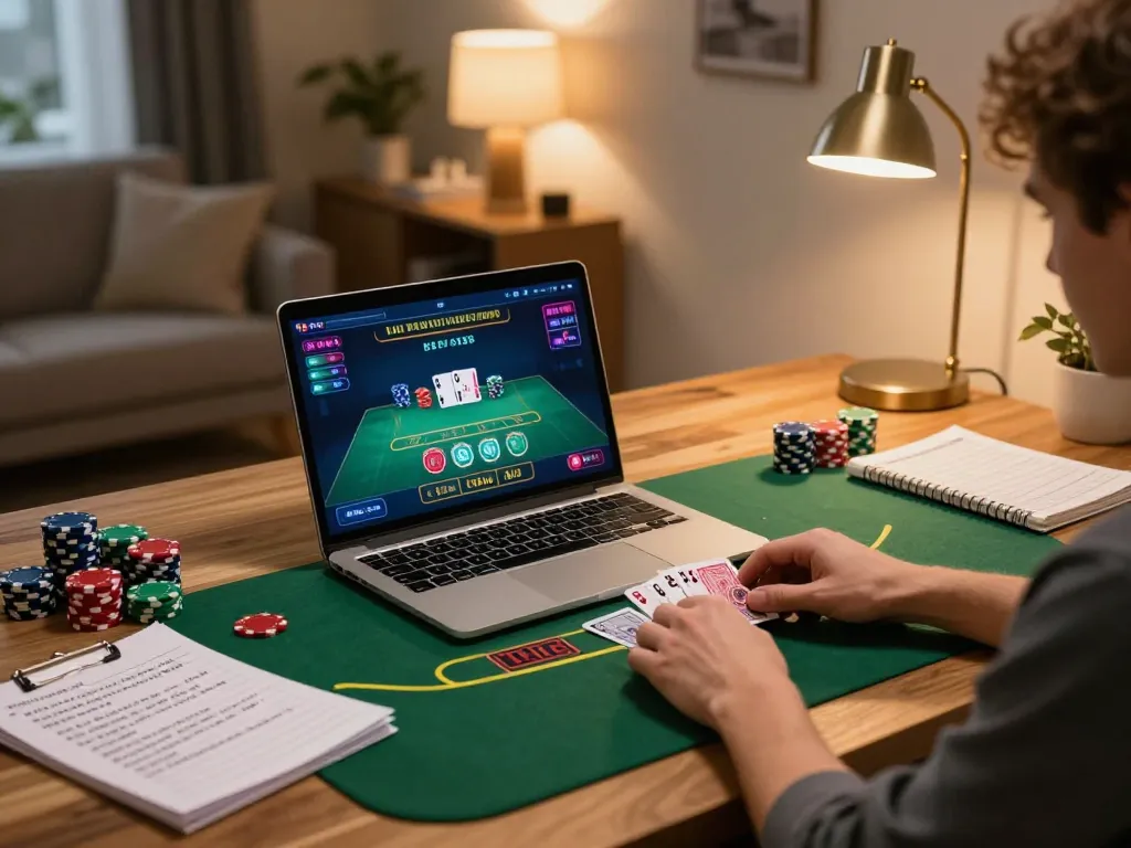 Engaged player in a stylish home setting enjoying nhacaiuytinn while tracking strategies in online blackjack