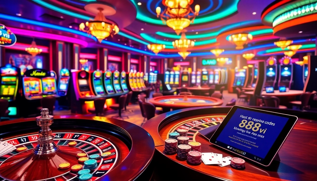 Experience the thrill of gambling at https://888vi.codes/ with luxury casino elements including poker tables and slot machines.