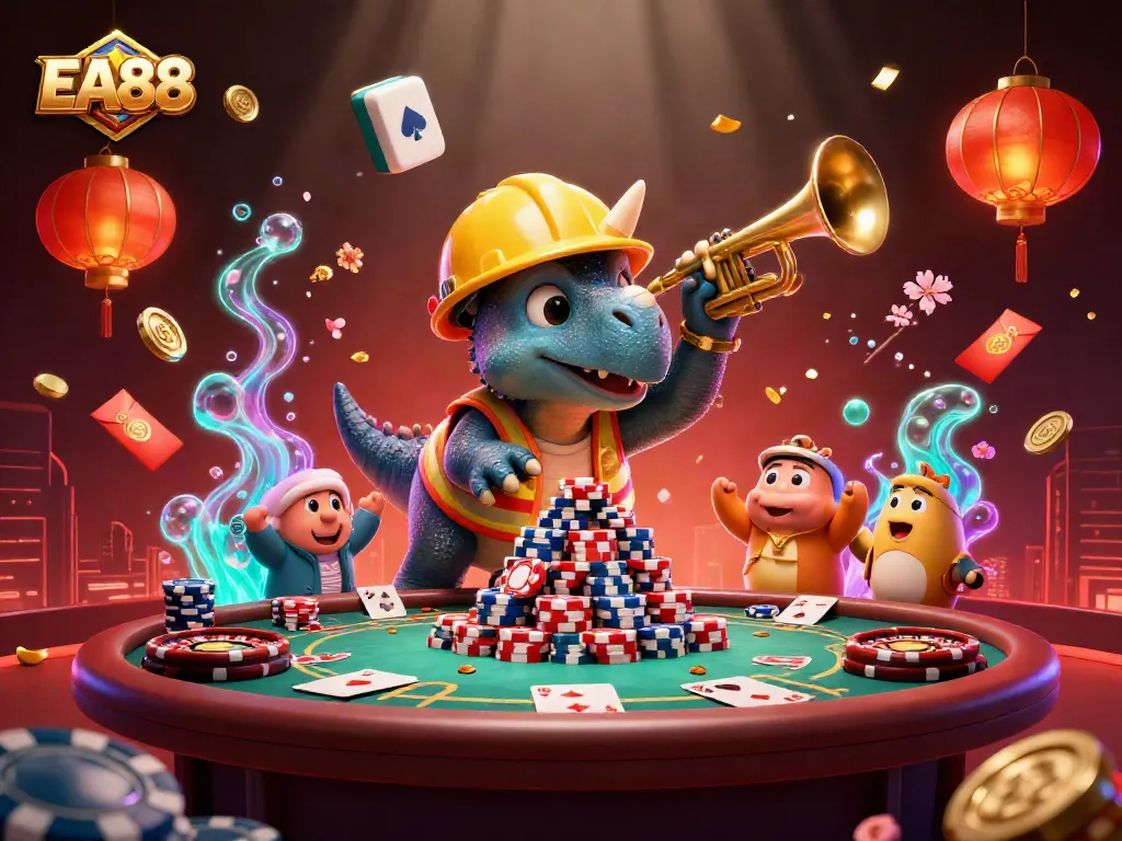 Celebrate your wins with EA88 as triceratops builds poker chip pyramids amidst vibrant casino elements.